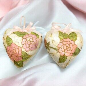 VTG Elegant Heart Shaped Ornament Paper Mache Pearl w/Pink Roses & Gold Accents